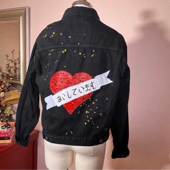 Vintage 1980 90 Hand Crafted Tattoo Heart oversized Black Jean Jacket - Picture 1 of 17